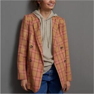 Anthropologie Maeve Blazer Women Small Orange Tan Victoria Plaid Double Breasted